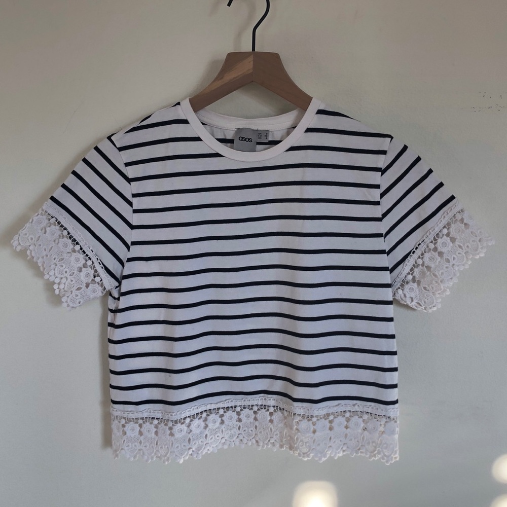 **SOLD** Cropped Striped Tee with Lace Detailing